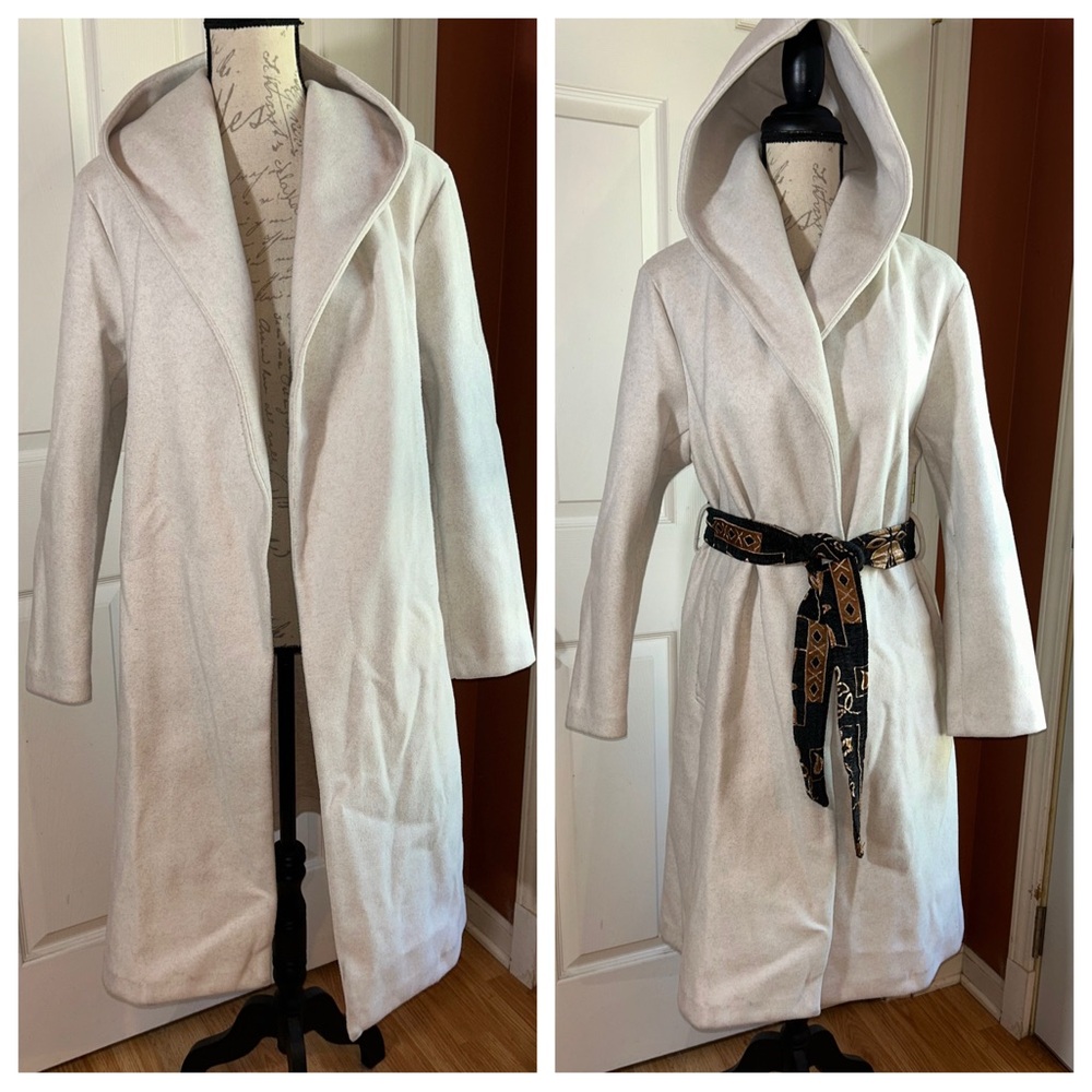 NWOT Zara Hooded Belted Longline Minimalist Fall Winter Coat Bone Color Sz Small